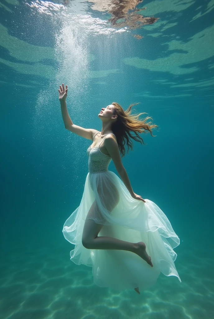 Water contamination : in winter, The buildup of contaminants such as salts and chemicals in water due to melting ice can affect water quality and aquatic ecosystems.. create a person posing underwater vertically posing with a delicate dress