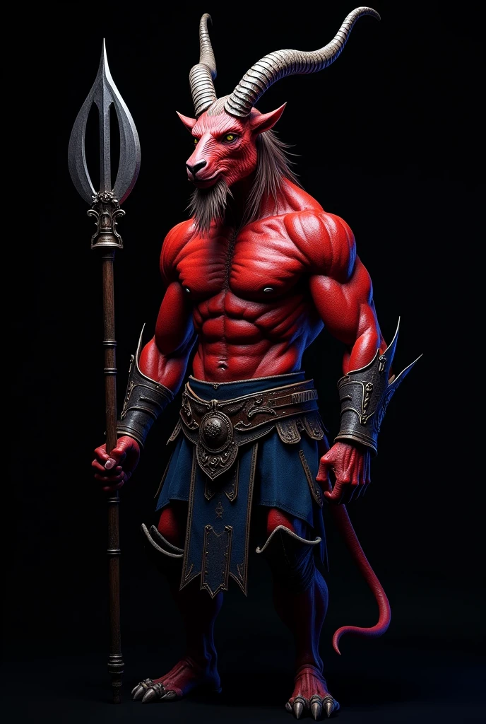 red and blue muscled anthropomorphic goat demon medieval weapon in a black background