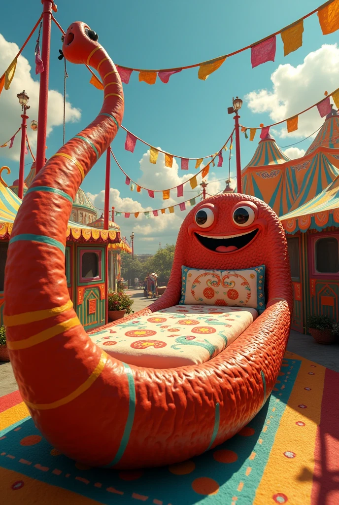 Make me a bed in the shape of the Mexican fair's worm roller coaster, put the face of the worm on him