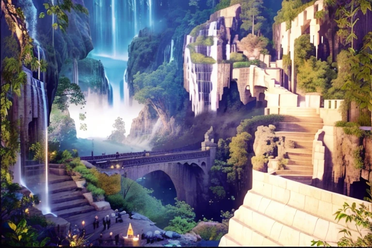 there is a picture of a waterfall in the background with a bridge, rivendell, epic rivendell fantasy, villages ， unreal engine, scene where she is in rivendell, medeival fantasy town, elven palace of ghemathar, unreal engine ; romantic theme, unreal 6 breathtaking detailed, realistic unreal engine 3 d game, elven city
