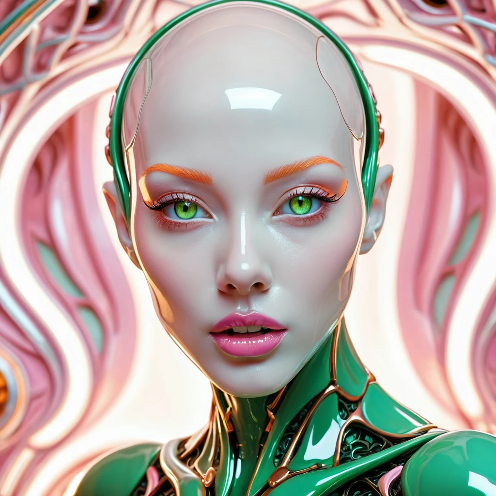 Striking hyperrealistic Glossy Carved white-pink porcelain cyborg-alien, stunning face upturned looking up, charming mouth semi-opened, orthodontic apparel, mesmerizing glowimg green eyes, perfect features, bald, beautiful amber-orange piping, symmetry, high detailed cinematic backgrouund, Macro photography, close-up, hyper detailed, trending on artstation, sharp focus, studio photo, intricate details, highly detailed, hyper-maximalism, beautiful voronoi pattern, sharp focus, HDR, 16k