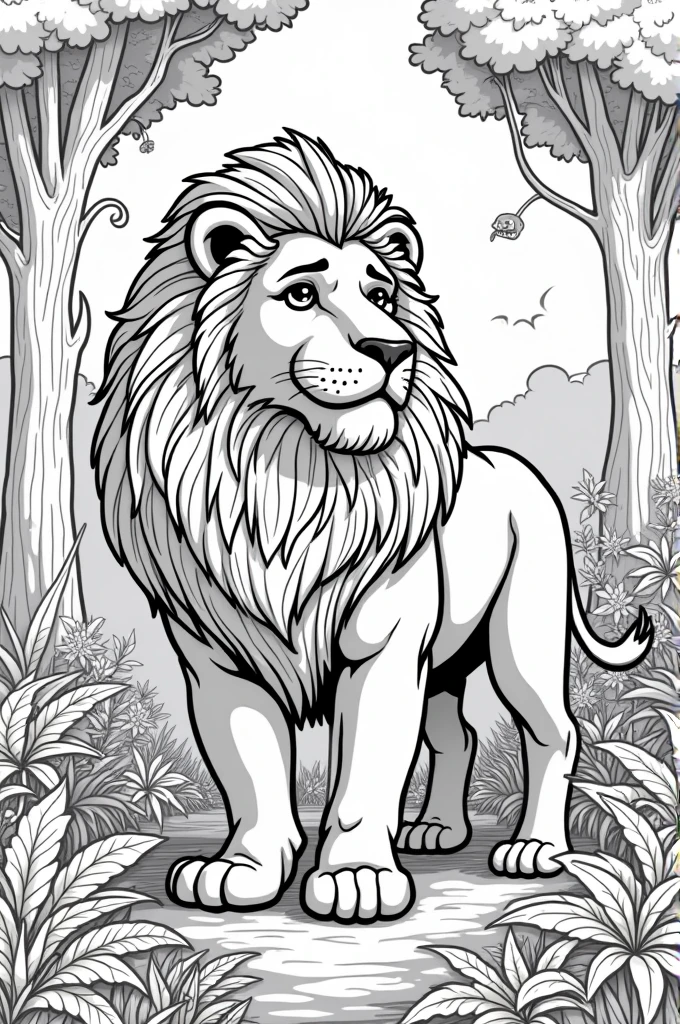 coloring book of a lion in the forest, cartoon style, thick lines, no color, white background, only strokes