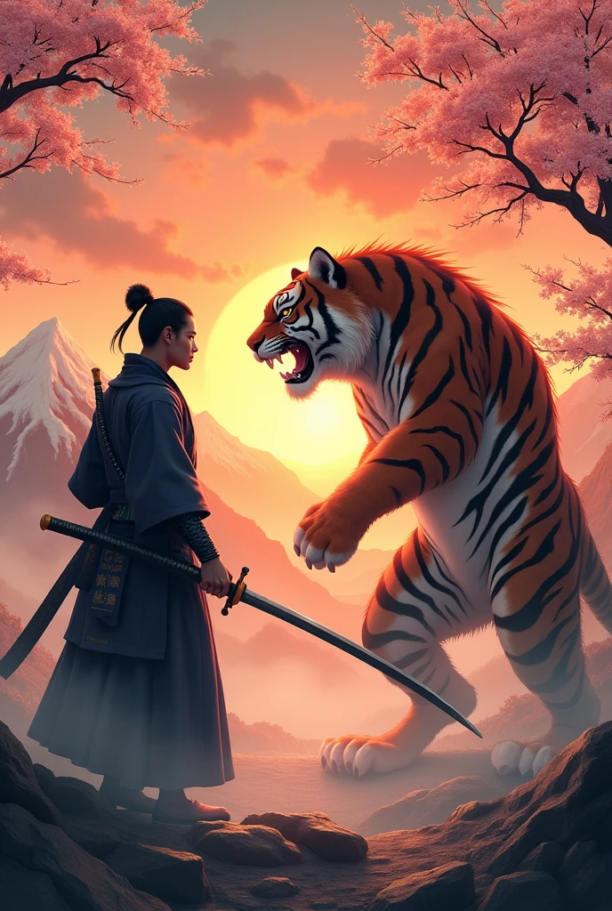 Samurai vs Tiger Man. With sakura trees at sunset with mountains in the background