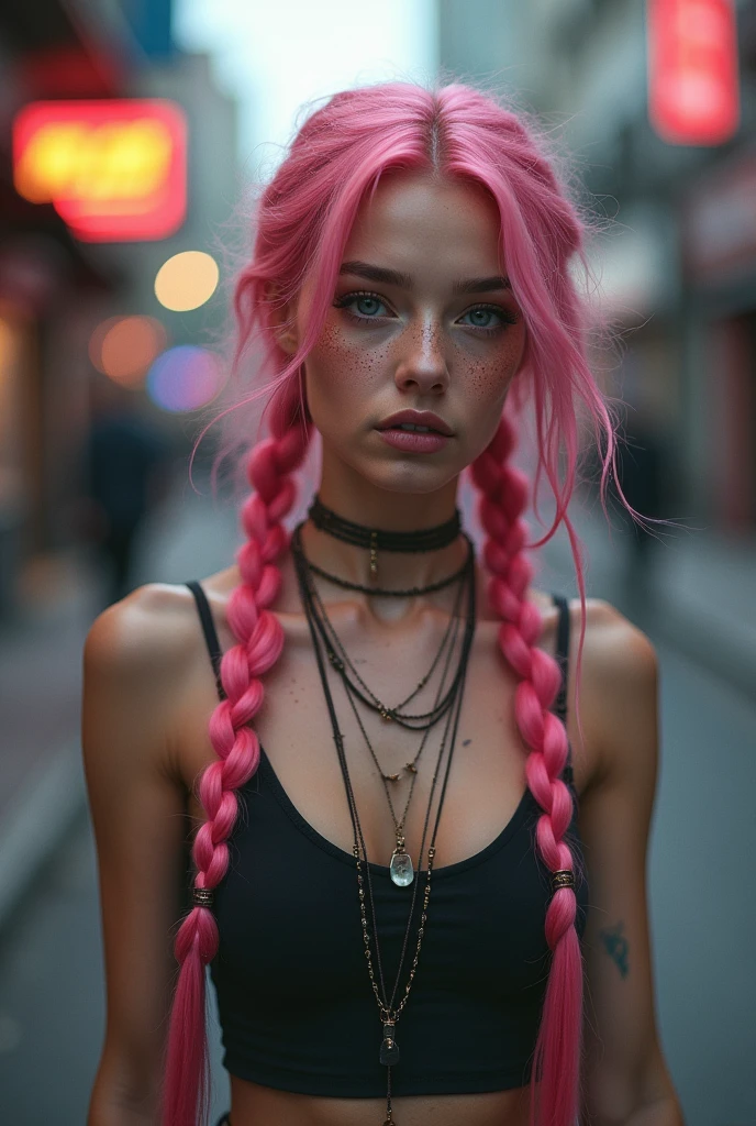 (Realisttic:1.2), analog photo style, Beautiful young woman, posing, with freckles and long pink hair braided, (cyberpunk dark fantasy atmosphere), soft natural light, cute and sexy, great quality, Masterpiece, detailed strange background, better performance, 16k quality, RAW photo, in a street, cyberpunk street