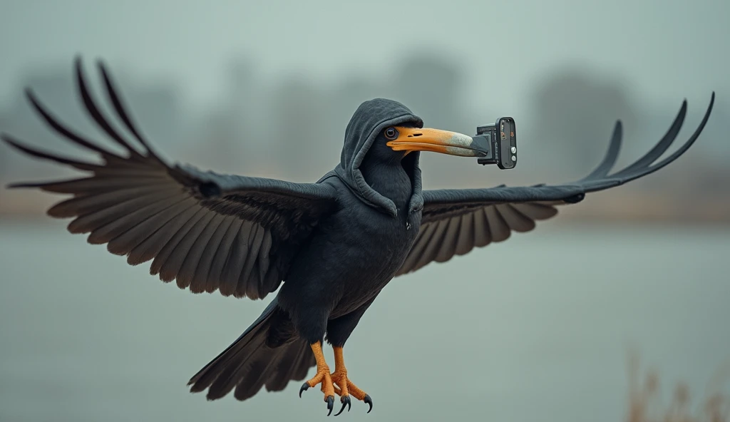The hooded bird holding the almost half-length device with its beak while flying is a completely real image