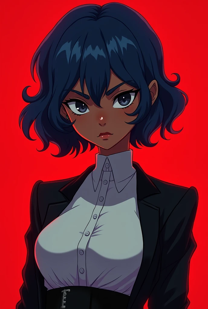 Teenage black girl with short wavy hair of blue hair color and a somewhat tight white elegant shirt and black elegant jacket and somewhat angry expression with a red background color and thin and high small waist body structure with upturned nose and black slanted eyes . anime style