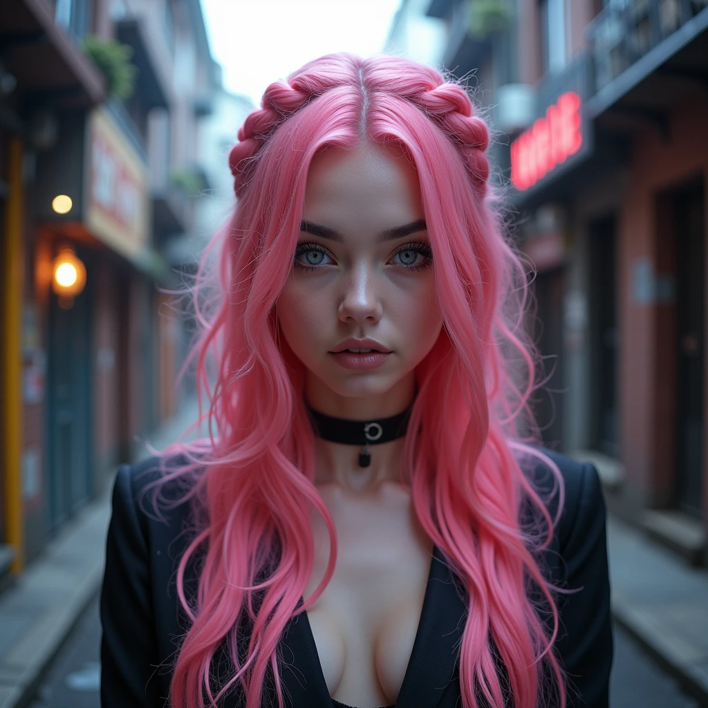 (Realisttic:1.2), analog photo style, Beautiful woman, posing, long pink hair braided, (cyberpunk dark fantasy atmosphere), soft natural light, cute and sexy, great quality, Masterpiece, detailed strange background, better performance, 16k quality, RAW photo, in a street, cyberpunk street, fish eye shot