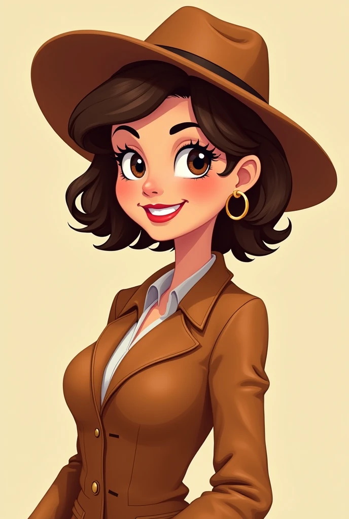 Create a woman with a brown jacket, brown hat do it in cartoon style