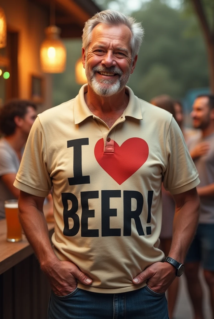 A father with a polo shirt that says: I love beer!!