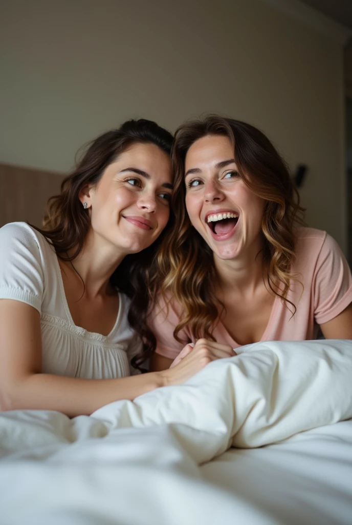  lying in her bed excited with her mom laughing

