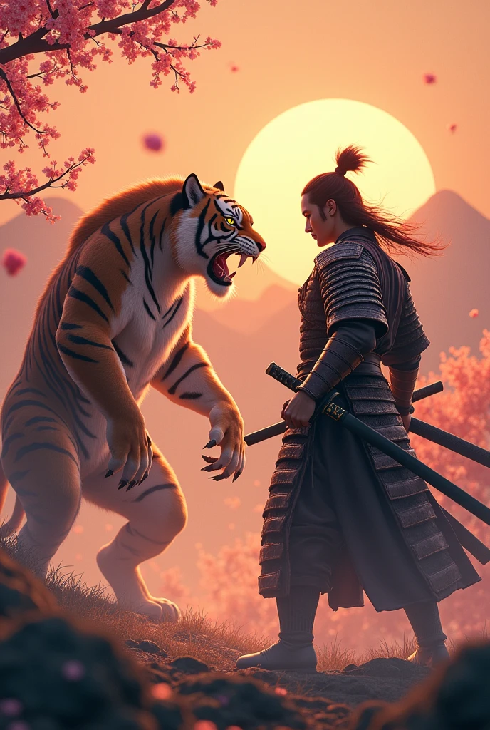 Samurai vs Tiger Man. With sakura trees at sunset with mountains in the background