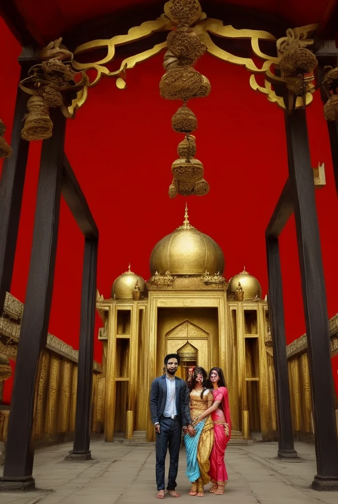 Red background bring temple . A beautiful girl and handsome boy couple say "save Bangladesh Hindus"