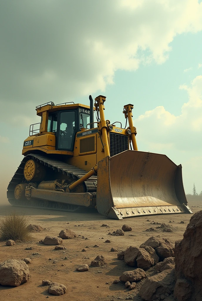 A Yellow bulldozer at a wasteland, cloud day, intricate, 