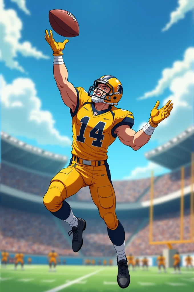 anime american football player catching a football with yellow jersey