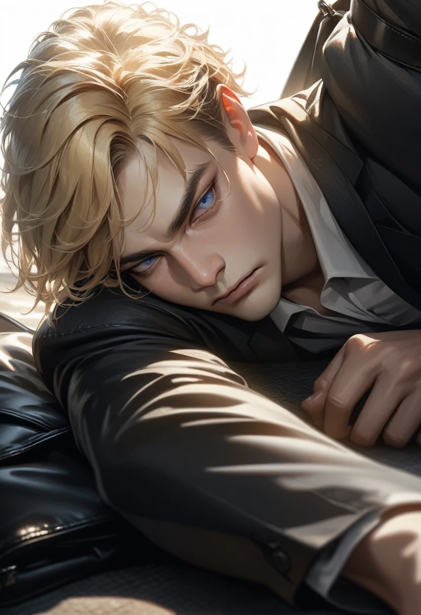 masterpiece, best quality, Super detailed, High Definition, HdR, realistic, depth, fine texture, super fine, Complete concentration, Pale man with blond hair and a muller cut, looking over his shoulder, posing on the back, wearing a black jacket, formal black bag, Beautiful man, Young man, blue eyes, male face and serious expression. Single color white background.