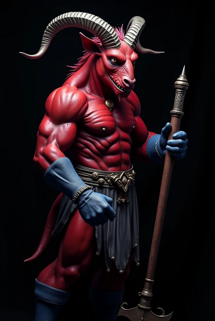red and blue muscled anthropomorphic goat demon medieval weapon in a black background looking at you close up