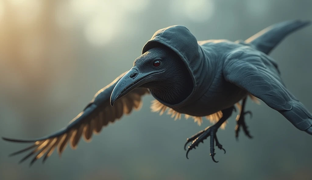 The hooded bird holding the almost half-length device with its beak while flying is a completely real image