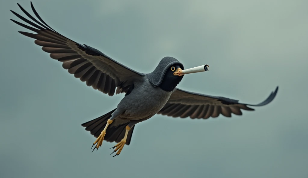 The hooded bird holding the almost half-length device with its beak while flying is a completely real image
