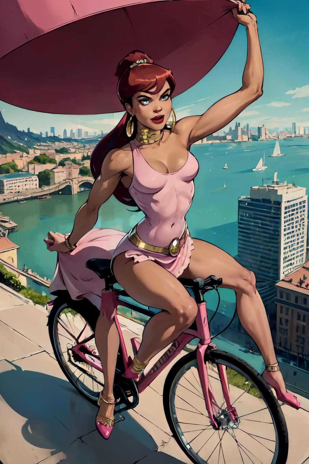 Giganta, pink dress, city in background, masterpiece, best quality, extreme detail, 8k, image sharpness, with a small man riding on his back 