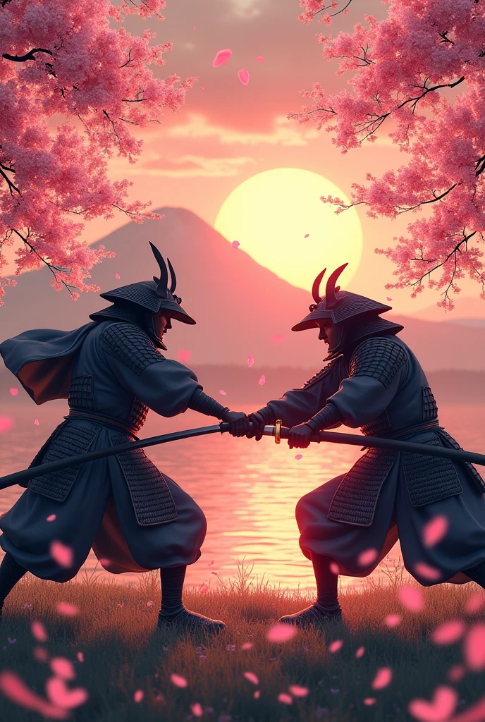 Samurai vs samurai tigre. With sakura trees at sunset with mountains in the background