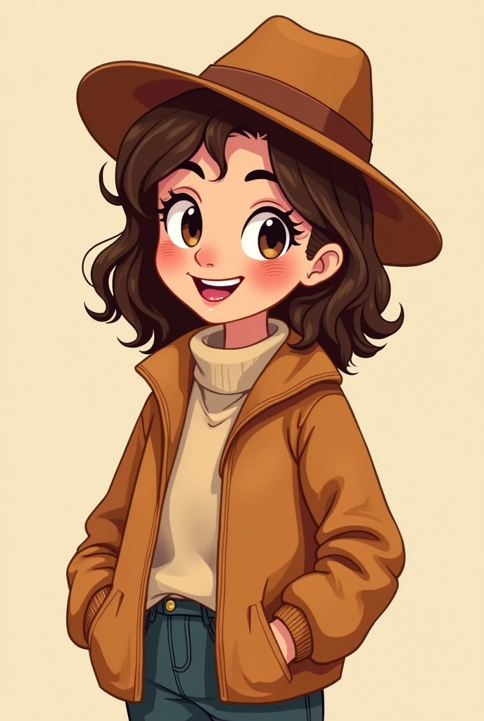 Create a woman with a brown jacket, brown hat do it in cartoon style