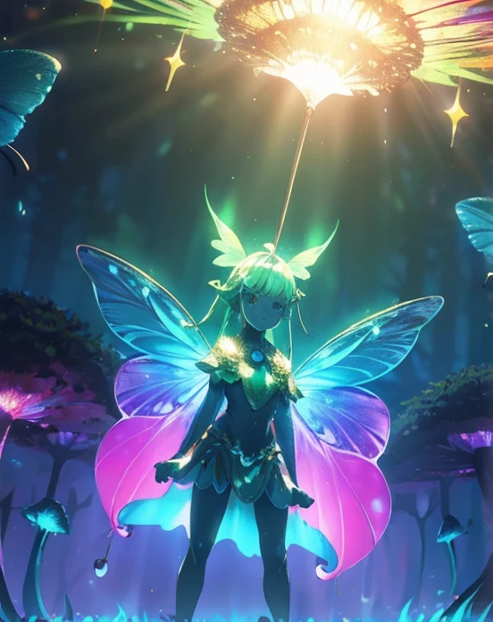 Enchanted mystical girl, neon colored butterflies, mini golden fairies, Glowing mushrooms releasing pollen., (ultrarealistic), {Extremely detailed 8k CG unit wallpaper}, (a low view that prioritizes the entire scene), (Open field view), (low angle shot), (Stand out: 1.5), (low light: 1.0), (warm light source: 1.0), Complex details, (Iridescent colors: 1.5), (bright lighting), (atmospheric lighting), nature, magical
