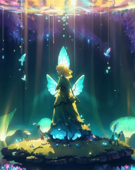 Enchanted mystical girl, neon colored butterflies, mini golden fairies, Glowing mushrooms releasing pollen., (ultrarealistic), {Extremely detailed 8k CG unit wallpaper}, (a low view that prioritizes the entire scene), (Open field view), (low angle shot), (Stand out: 1.5), (low light: 1.0), (warm light source: 1.0), Complex details, (Iridescent colors: 1.5), (bright lighting), (atmospheric lighting), nature, magical