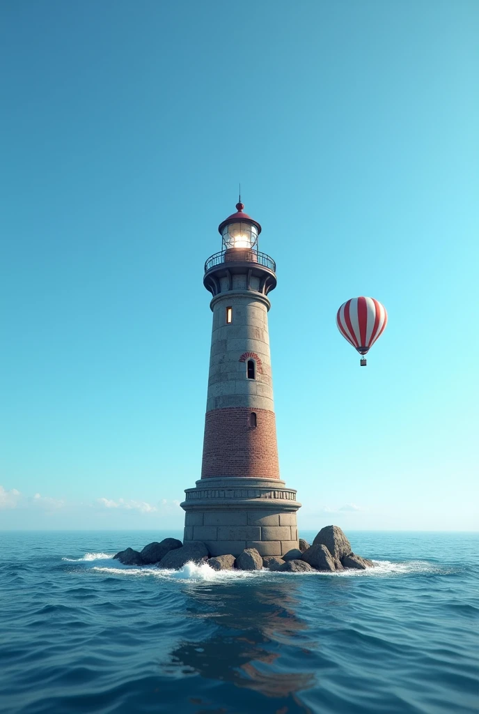 A lighthouse in the middle of the sea while there is a static air balloon 