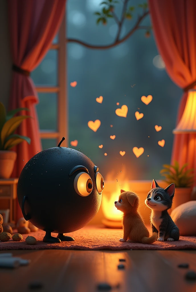 You can create a small black ball with eyes that talks to an animated firefly in a house, with hearts. Add a dog and a cat