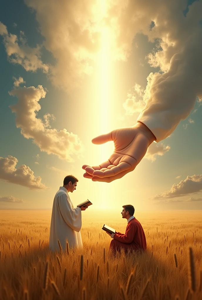 A logo with the hand of a large man, GOD, with lots of light in his hands, a pastor kneeling with a Bible in his hand, the scene in a wheat field.