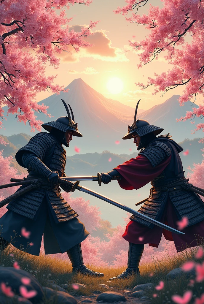 Samurai vs samurai tigre. With sakura trees at sunset with mountains in the background