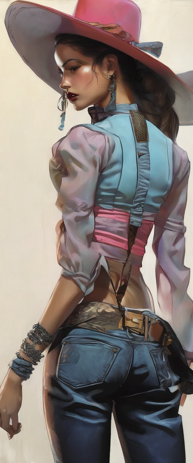 (best quality,4k,8k,highres,masterpiece:1.2),ultra-detailed,(realistic,photorealistic,photo-realistic:1.37),1 girl,hip-hop style outfit,high ponytail,incredibly long hair,cowgirl pose,looking at viewer,leaning forward,by Santiago Caruso,by Mike Azevedo,detailed eyes,detailed lips,extremely detailed face,long eyelashes,dynamic pose,colorful,vibrant colors,warm lighting