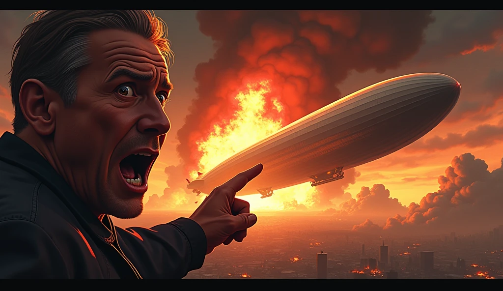 "Design a dramatic and compelling thumbnail for a video about the Hindenburg Disaster. The scene features the iconic airship engulfed in flames in mid-explosion, with dark, smoky clouds It should be perfectly Located in frame. According to the frame there should be a Shocking Reaction Face closeup of a Man on a front view Who is pointing out backside to the airship,The background should show a fiery, intense sky with shades of red, orange, and black to highlight With chaos. The Text "The Hindenburg Disaster" needs to be Exactly written at the top of the frame in bold, metallic letters, slightly tilted, and should be eye catchy font to enhance the urgency and impact of the image." image should be generate  cristle clear and in detailed 4k image , illustration 