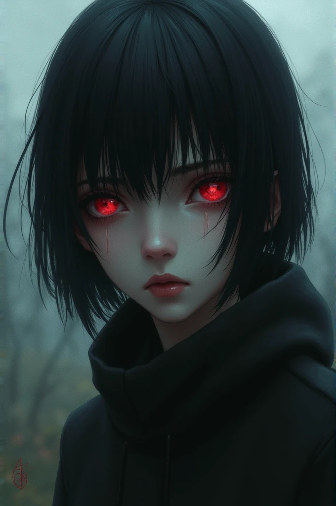 Black-haired teenager with red eyes and a lost look