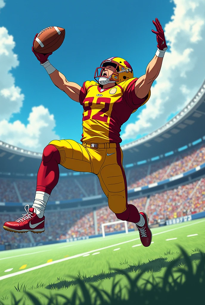 anime american football player catching a football with yellow and red jersey