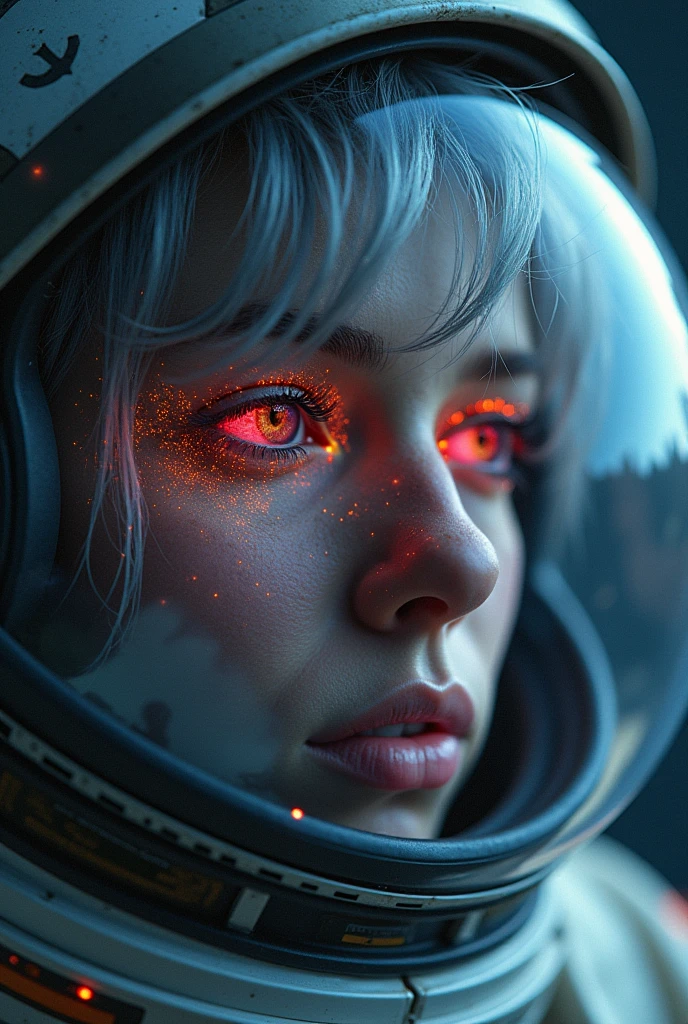 (Close-up of a better masterpiece:1.5)0.9], (Space and astronauts:1.2) (Messy silver hair:1.1) (Heterochromia xanthochromia and blue eyes:1.2) (Space Helmet:1.0) (Colored stars in the eyes:1.0) (A radiant glow:1.1) (thick lips:0.9)