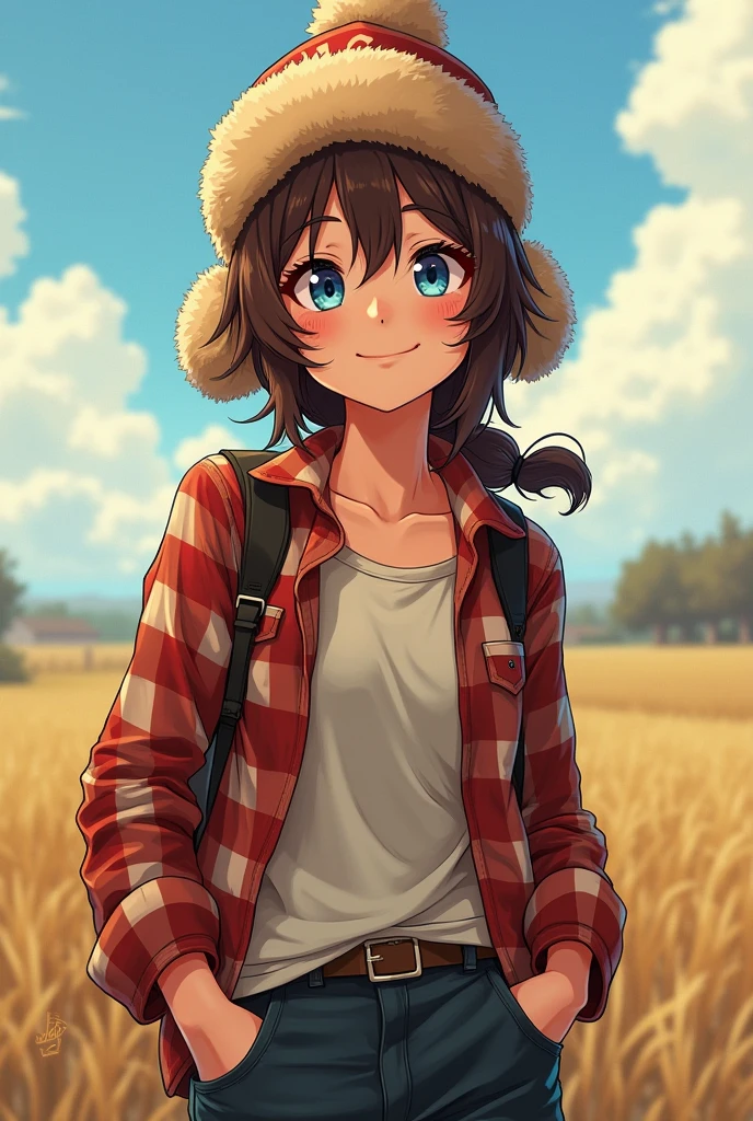 A young, slender girl, around 18 years old, with an open and friendly expression. She wears dark boots and wide pants, giving her a slightly casual but confident look. She's dressed in an unbuttoned checkered shirt, underneath which she has a light-colored t-shirt. Her fluffy brown hair is slightly tousled, falling on her shoulders and peeking out from under a Soviet-style ushanka hat, adding a playful touch to her appearance. Her bright blue eyes sparkle with joy and optimism, reflecting her cheerful nature and inner strength. In the ushanka, she looks stylish and cozy in her own way, as if ready for any adventure that life in the countryside might bring. Imagine her in an anime style, where her expressive features and vibrant personality shine even more vividly.
