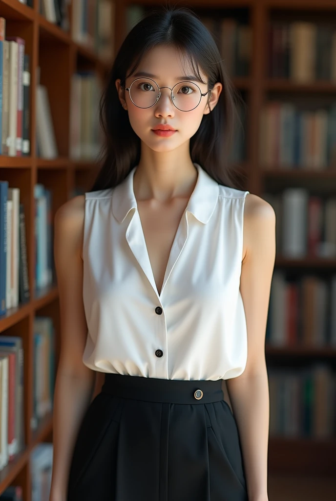 (Highest quality、Tabletop、8k、Award-winning works、Ultra-high resolution、Best image quality)、(A beautiful Japanese woman:1.1)、(White polyester sleeveless、Open blouse with buttons:1.3)、(Elegant black skinny pants:1.1)、(Huge breasts:1.8)、(Cleavage:1.8)、(Elegant round glasses:1.2)、library、(Standing Elegantly:1.1)、(Strongly blurred background:1.1)、Stand next to a bookshelf、(Perfectly organized bookshelf:1.1)、Bookshelf in the background、居心地の良いlibrary、lipstick、Long eyelashes、Heavy makeup、Perfect Makeup、Colored contact lenses、Accentuate your body lines、Big ample breasts、Soft and warm lighting、Detailed bookshelf、(Ultra-high resolutionの正確な美しい髪:1.1)、(Accurate anatomy:1.2)、Ultra-high definition beautiful eyes、(Super bright and radiant skin:1.1)