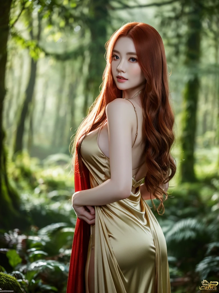 a beautiful redheaded asian girl, long very very silky hair, elegant and sexy elf dress, dense forest, no sunlight, detailed face and eyes, very big tits (best quality,4k,8k,highres,masterpiece:1.2),ultra-detailed,(realistic,photorealistic,photo-realistic:1.37),magical fantasy atmosphere,fantasy,concept art