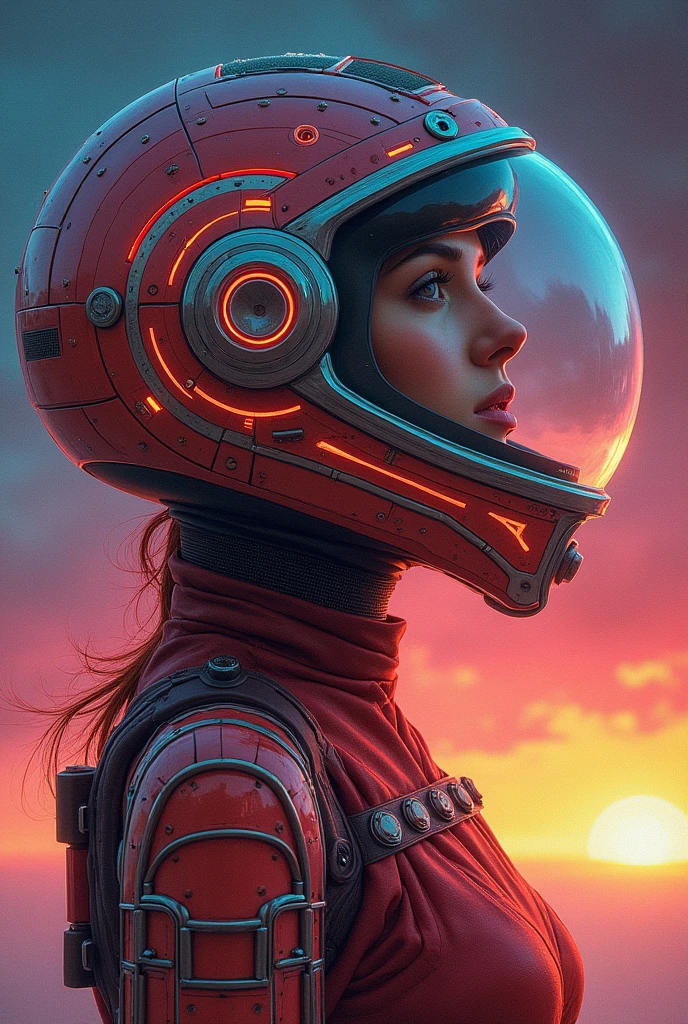 there is a painting of a woman with a helmet on, stephen hickman, synthwave art style ]!!, cinemascope panorama, atompunk, epically luminous image, pioneering aesthetic, spelljammer, futuristic france, juan gimenez, trending on artstaion, by Julian Allen, 7 0 s palette, maximalism. stunning, from a 2 0 1 9 sci fi 8 k movie  