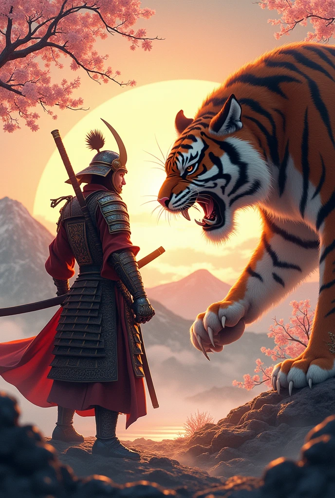 Samurai vs Tiger Man in Samurai Armor. With sakura trees at sunset with mountains in the background