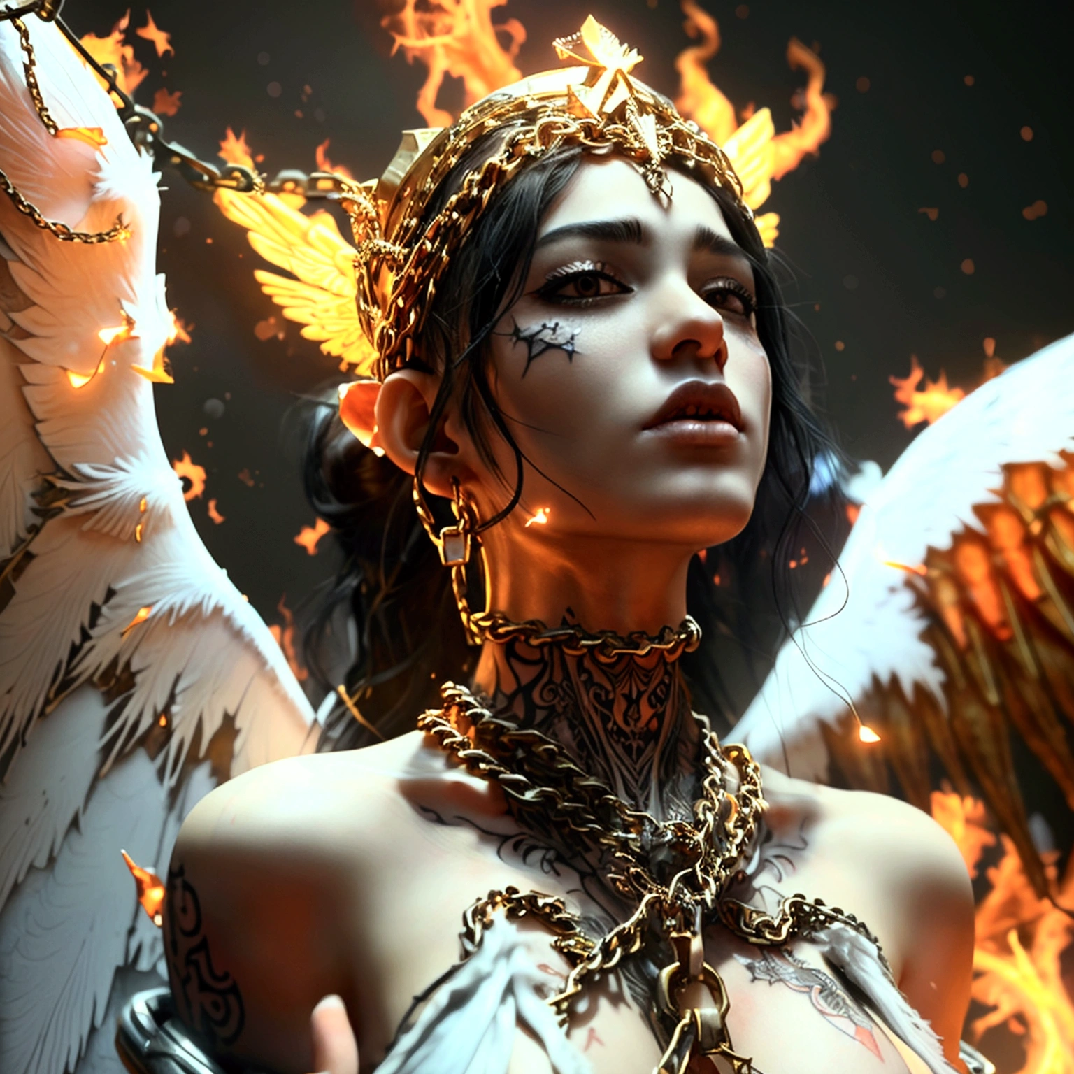 (masterpiece, highest quality, ((fractal art:1.5)), beautiful and aesthetic:1.3), chaotic medieval world:1.4, Swirling flames:1.3, meteorite:1.3, fire and flame:1.3, perfect dynamic composition:1.3, ((Detailed tattoos on the whole body:1.3, Wear exquisite jewelry from head to toe:1.3)), Highly detailed skin and facial textures:1.3, (Cute and sexy fallen angel with big golden wings:1.3), prisoner of war, slave, tiara, Fair skin, (Correctly wear heavily torn white clothes off-shoulder:1.3), Huge breasts that are about to burst, Do not show areola, big chest gap, (The expression on your face when you feel intense caress, Facial expression when feeling pleasure), Eyes that feel beautiful eros, sexy face, (Too erotic and cute:0.9, Bewitching:0.9), (torture:1.4, Lots of chains:1.4, countless chains tangled in clothes:1.4, chain the right arm:1.4, chain the left arm:1.4, Bind the right leg with shackles and chains:1.4, Bind the left leg with shackles and chains:1.4), super long blonde curly hair