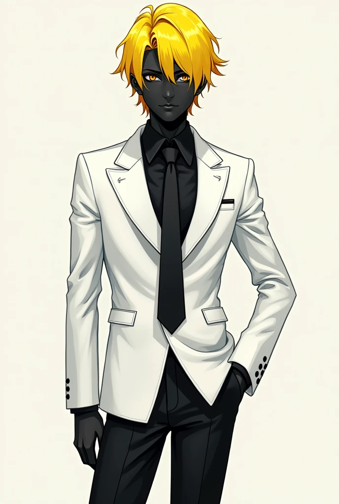 generates an anime character with a black face, a white jacket and a black tie with yellow hair