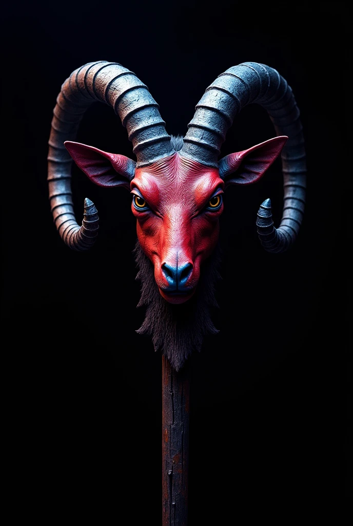 red and blue goat demon medieval weapon in a black background looking at you close up