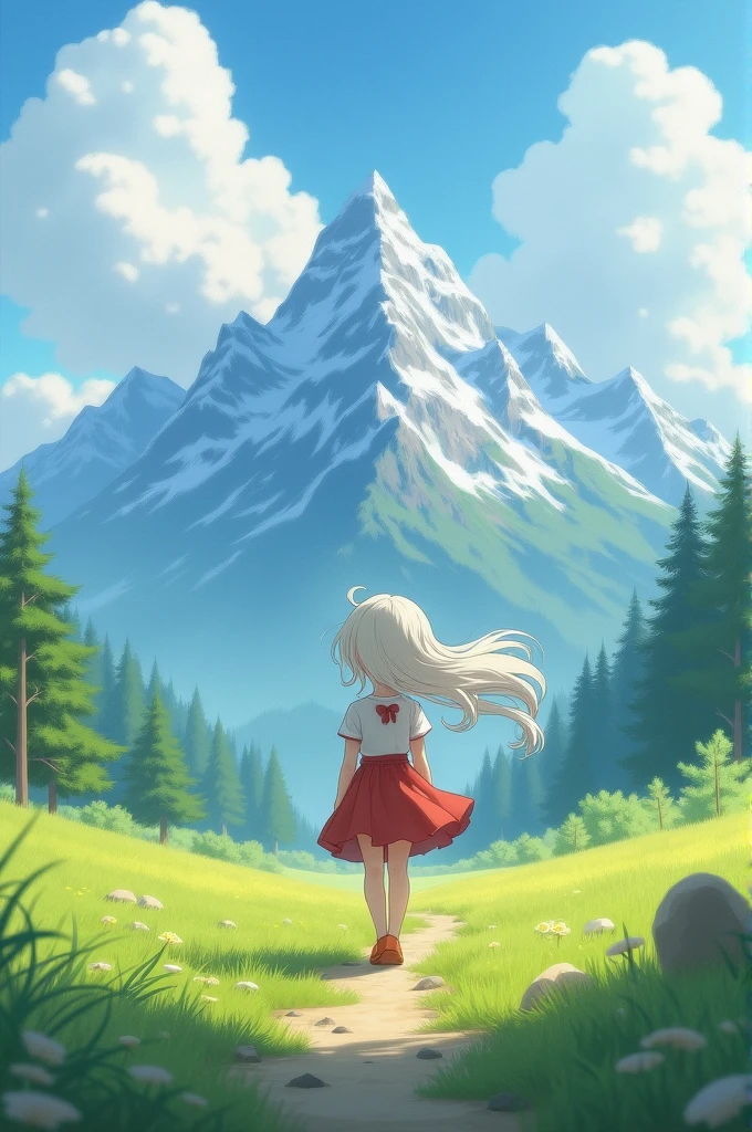 A with fair skin and long white hair that reaches her legs, fluttering, walks in front. Surrounded by green fields, with a view of tall mountains in the background. A realistic image.