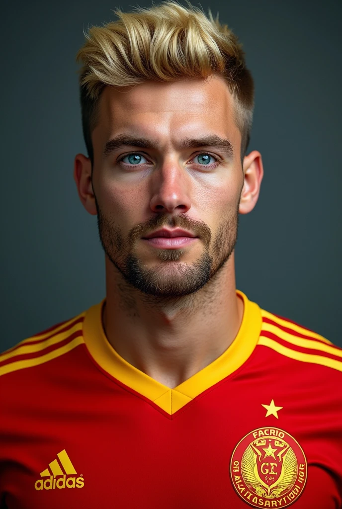 A man with blue eyes and blond hair wearing a Galatasaray jersey
