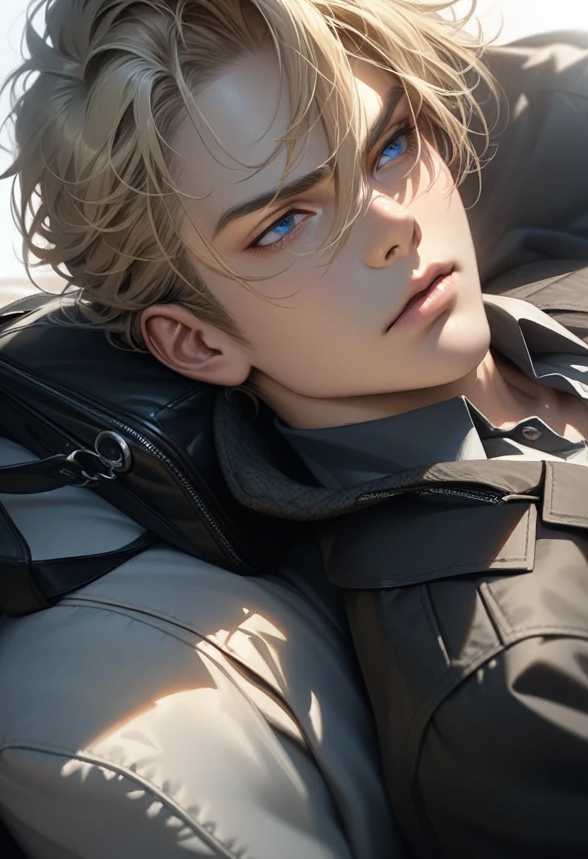 masterpiece, best quality, Super detailed, High Definition, HdR, realistic, depth, fine texture, super fine, Complete concentration, Pale man with blond hair and a muller cut, looking over his shoulder, posing on the back, wearing a black jacket, formal black bag, Beautiful man, Young man, blue eyes, male face, attractive young man, serious expression, poker face Single color white background.