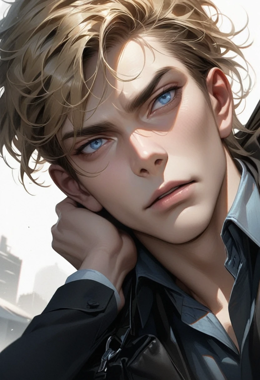 masterpiece, best quality, Super detailed, High Definition, HdR, realistic, depth, fine texture, super fine, Complete concentration, Pale man with blond hair and a muller cut, looking over his shoulder, posing on the back, wearing a black jacket, formal black bag, Beautiful man, Young man, blue eyes, male face, attractive young man, serious expression, poker face Single color white background.
