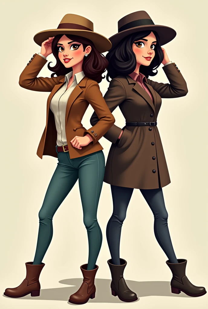 Create a woman with a brown jacket, brown hat do it in cartoon style create it next to a negative version of her and make them look like rivals