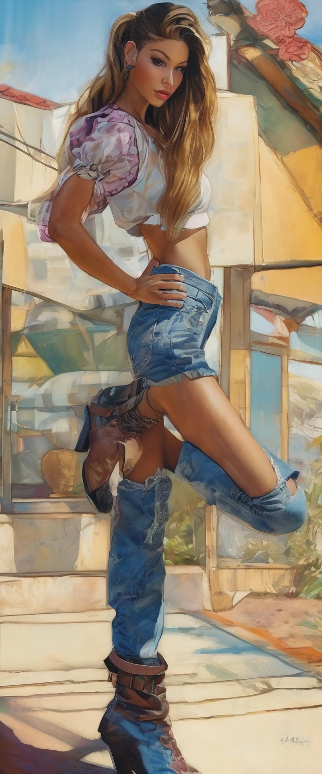 (best quality,4k,8k,highres,masterpiece:1.2),ultra-detailed,(realistic,photorealistic,photo-realistic:1.37),1 girl,hip-hop style outfit,high ponytail,incredibly long hair,cowgirl pose,looking at viewer,leaning forward,by Santiago Caruso,by Mike Azevedo,detailed eyes,detailed lips,extremely detailed face,long eyelashes,dynamic pose,colorful,vibrant colors,warm lighting